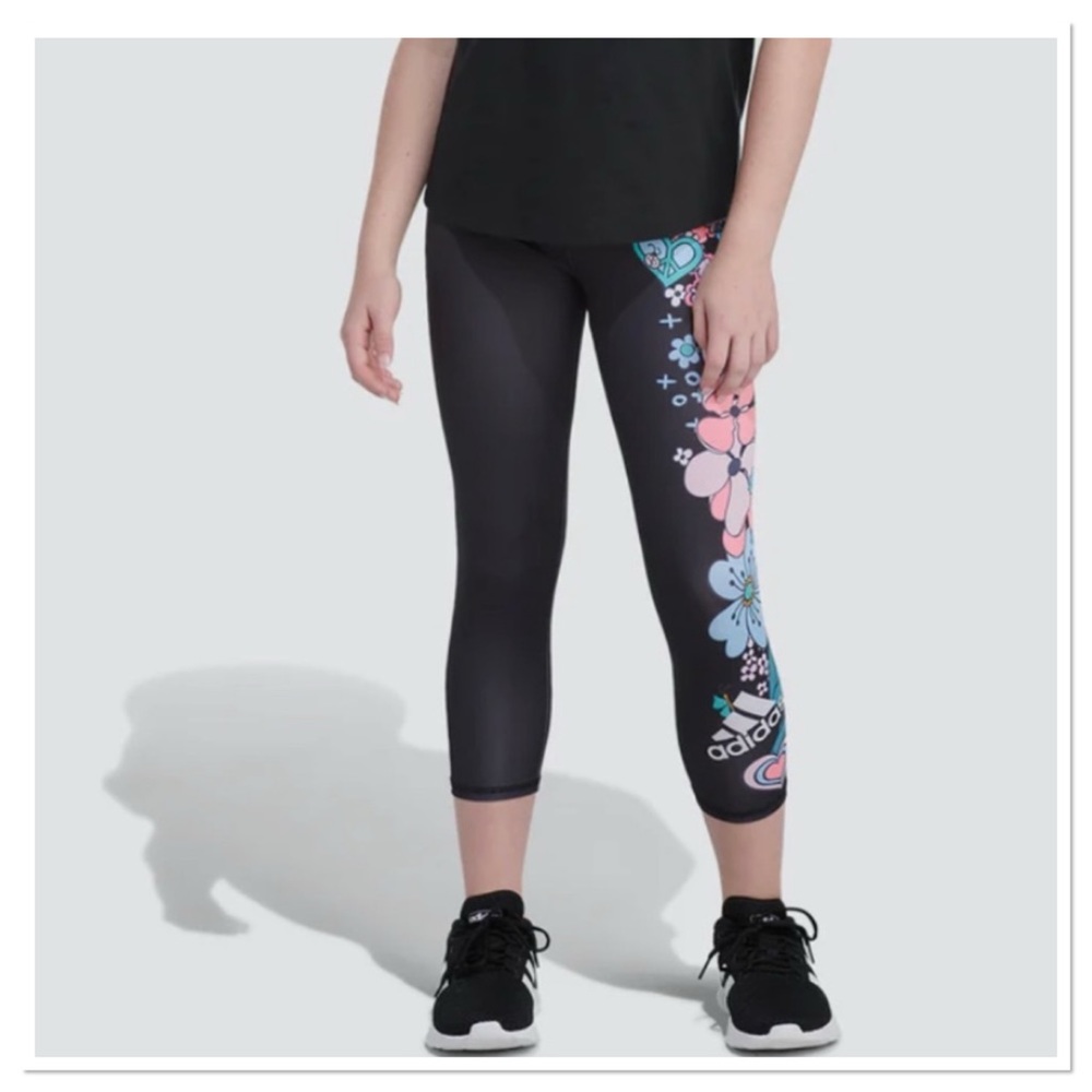Adidas Big Girls Mid Rise 7/8 Floral Ankle Leggings Tights Aeroready